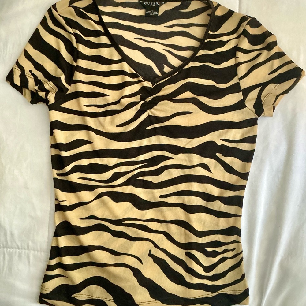 GUESS Ruched V-Neck Animal Print Top Size M